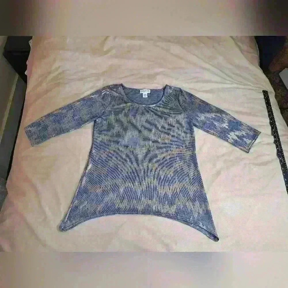 PECK & PECK  Sheer Light Blue Metallic Gold Top Size L - Picture 7 of 11